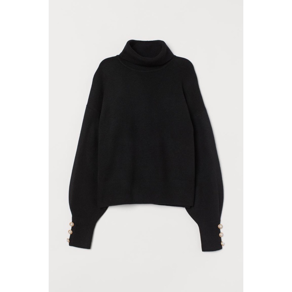 Fine-knit Turtleneck Sweater Pearls on Sleeves